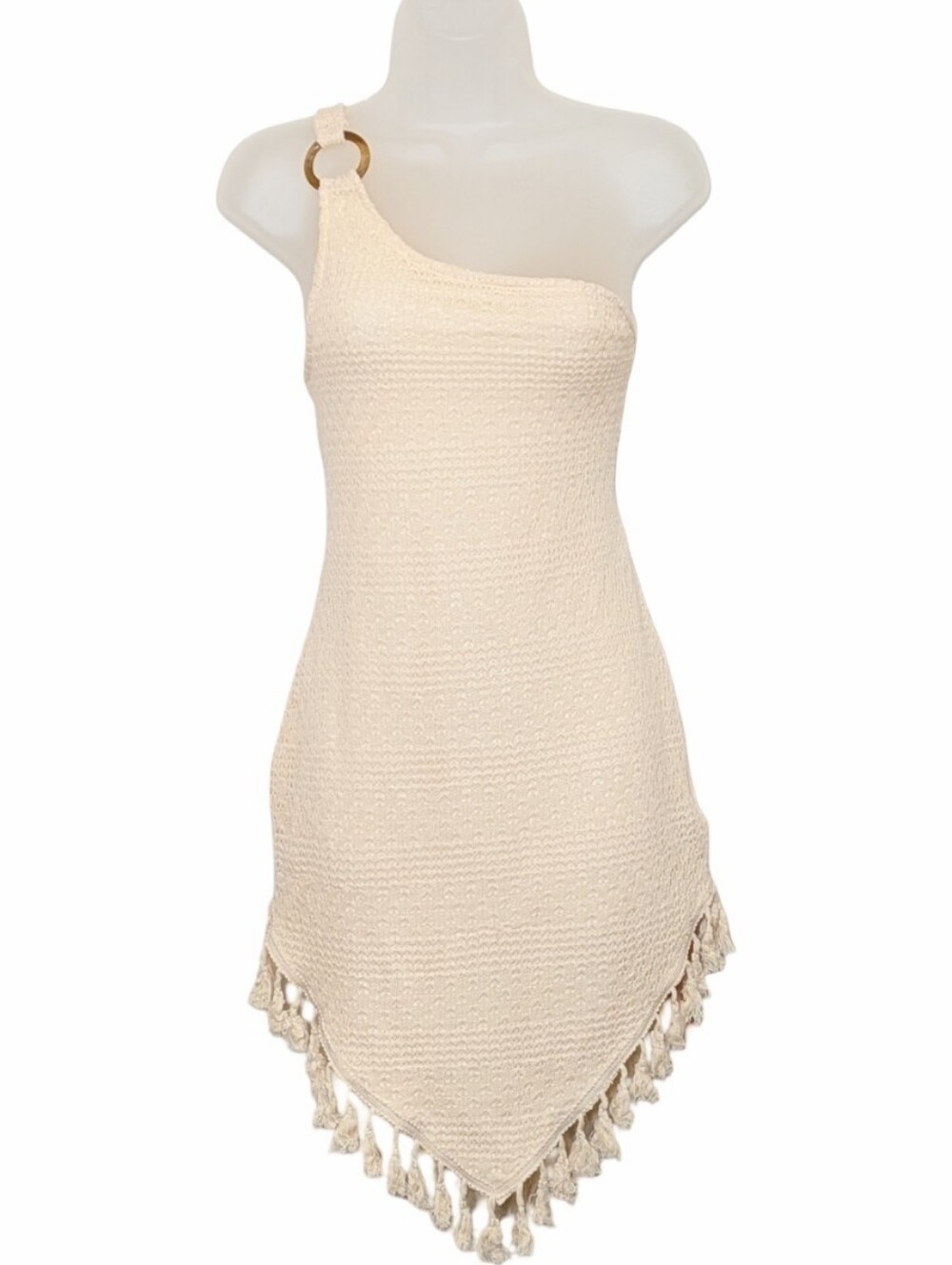 SHEIN | One-Shoulder Crochet Dress in Cream with Ring Detail | Fringe | Beach |
